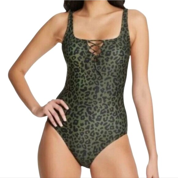 NWT Social Standard by Sanctuary Green/Black Leopard Print 1-Pc Swimsuit- Sz XL - Picture 1 of 6